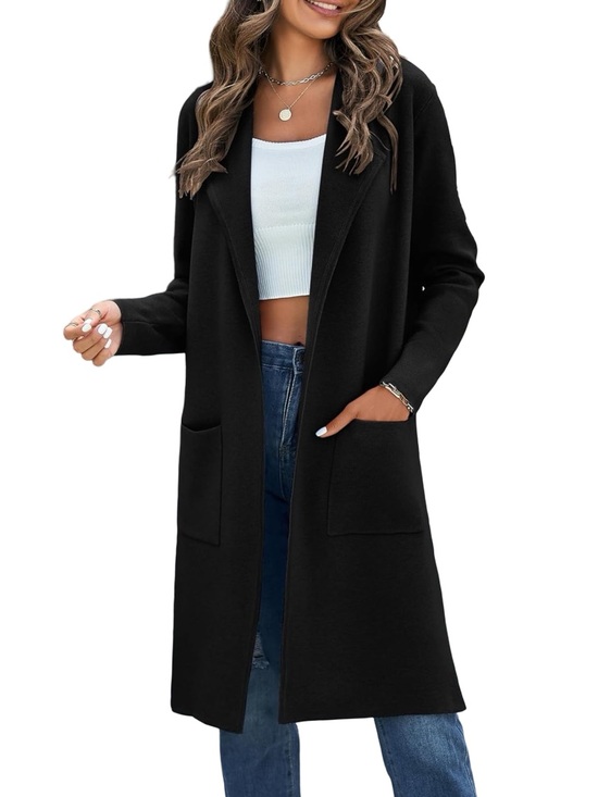 Merokeety Sweaters - Black Open-Front Long Cardigan with Patch Pockets Slits Cover up, sweater